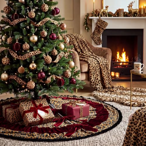 Leopard Print Christmas Tree Skirt 40 Inch Burgundy Velvet Holiday Decor