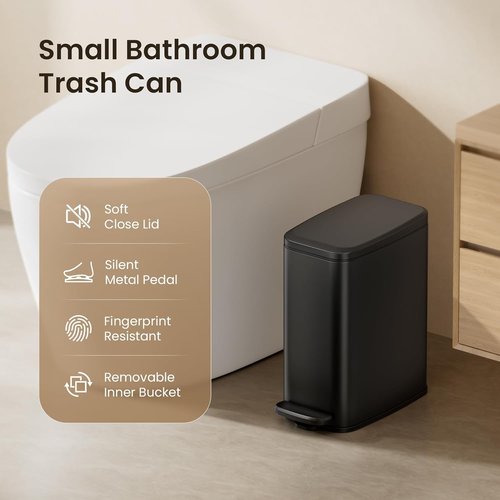 Cesun Slim Bathroom Trash Can - 6L Stainless Steel Wastebasket with Soft Close Lid & Foot Pedal | Black