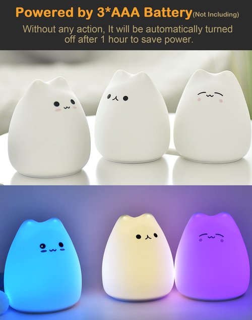 Lueudu LED Cat Night Light, Battery Powered Night Light for Kids, Silicone Multicolor Cute Lamp with Warm White and 7-Color Breathing Mode, Christmas Gifts for Kids, Baby, Children, Lady (Cute Cat)