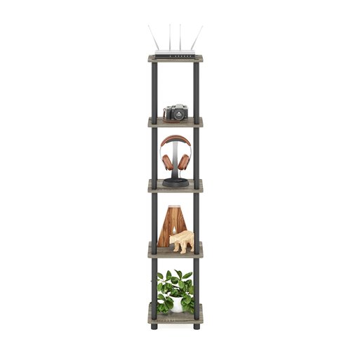 FURINNO Turn-N-Tube 5-Tier Corner Square Rack Display Shelf, Round, French Oak Grey/Black