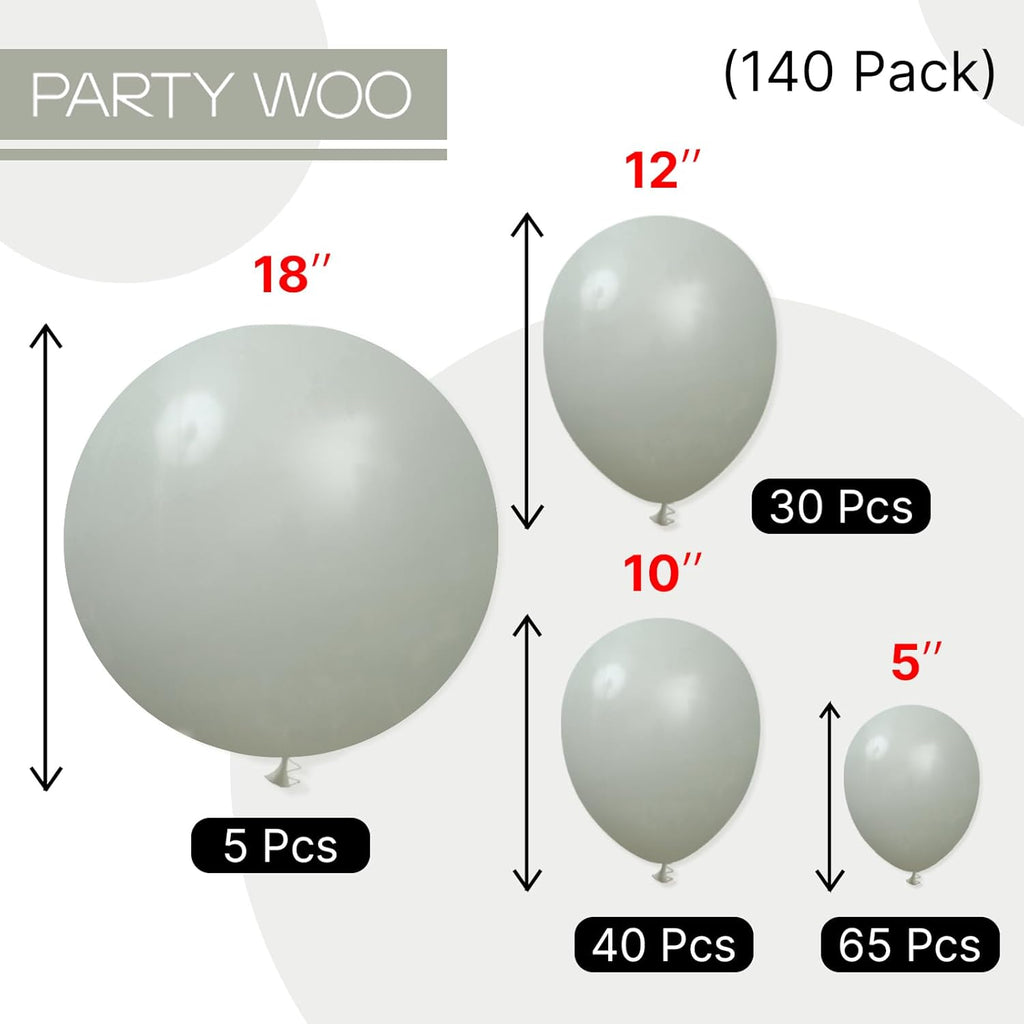 PartyWoo Dusty Green Balloons - 140-Piece Boho Balloon Arch Kit for Jungle Birthday Decor | 5-12 Inch Sizes
