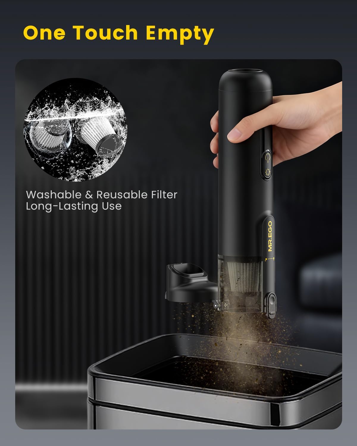 Mr.ego Handheld Car Vacuum - Portable Cordless 4-in-1 Mini Vacuum with 18500Pa Suction | Black