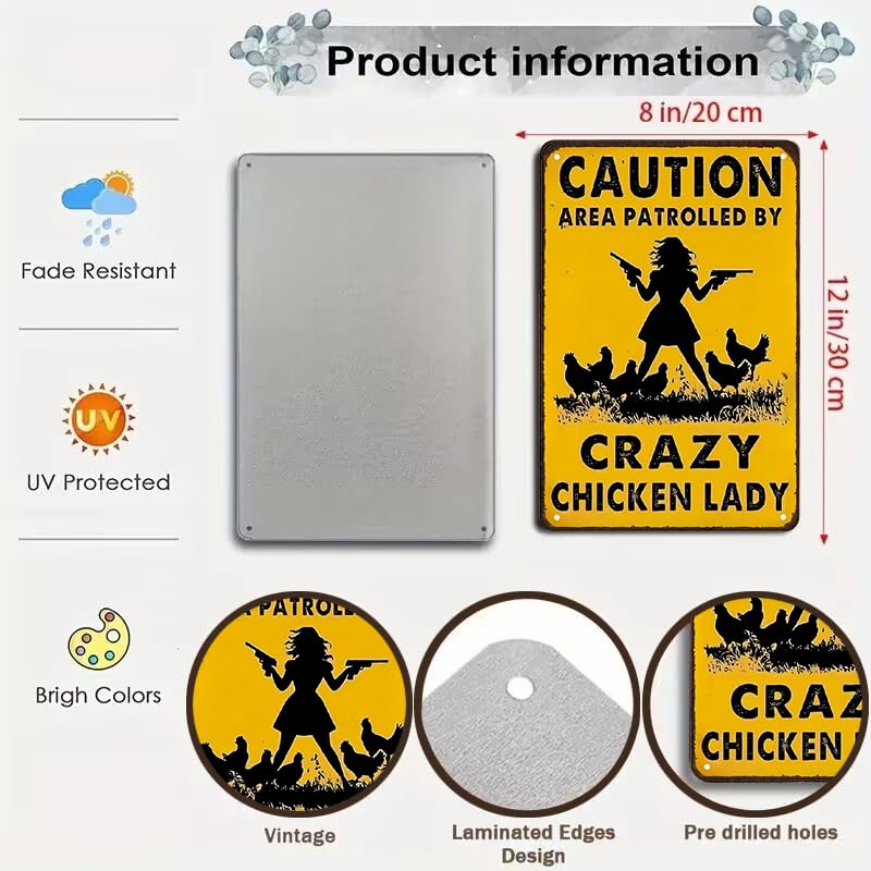 Smilelife Funny Chicken Gifts Caution Area Patrolled By A Crazy Chicken Lady Tin Sign for Home Farm Chicken Coop Farmhouse Kicthen Garden Decor 8 X 12 Inch (3620)