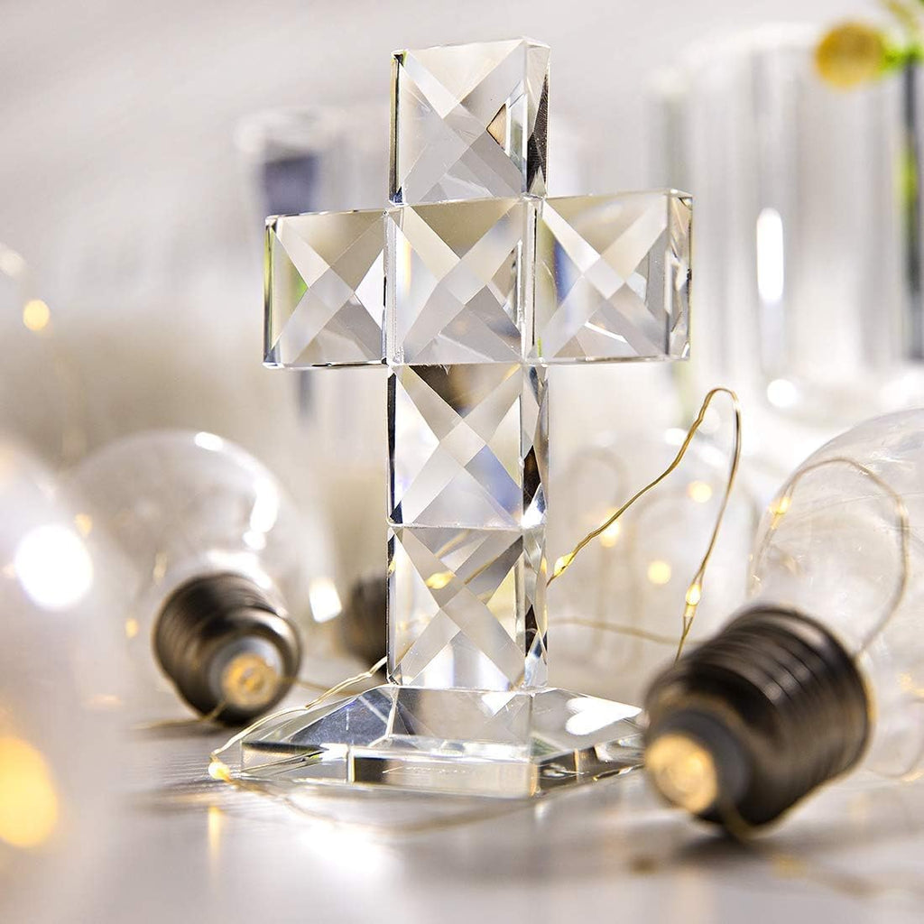 QFkris Crystal Standing Cross | Clear 5'' Tall Glass Figurine - Elegant Christian Tabletop Decor
