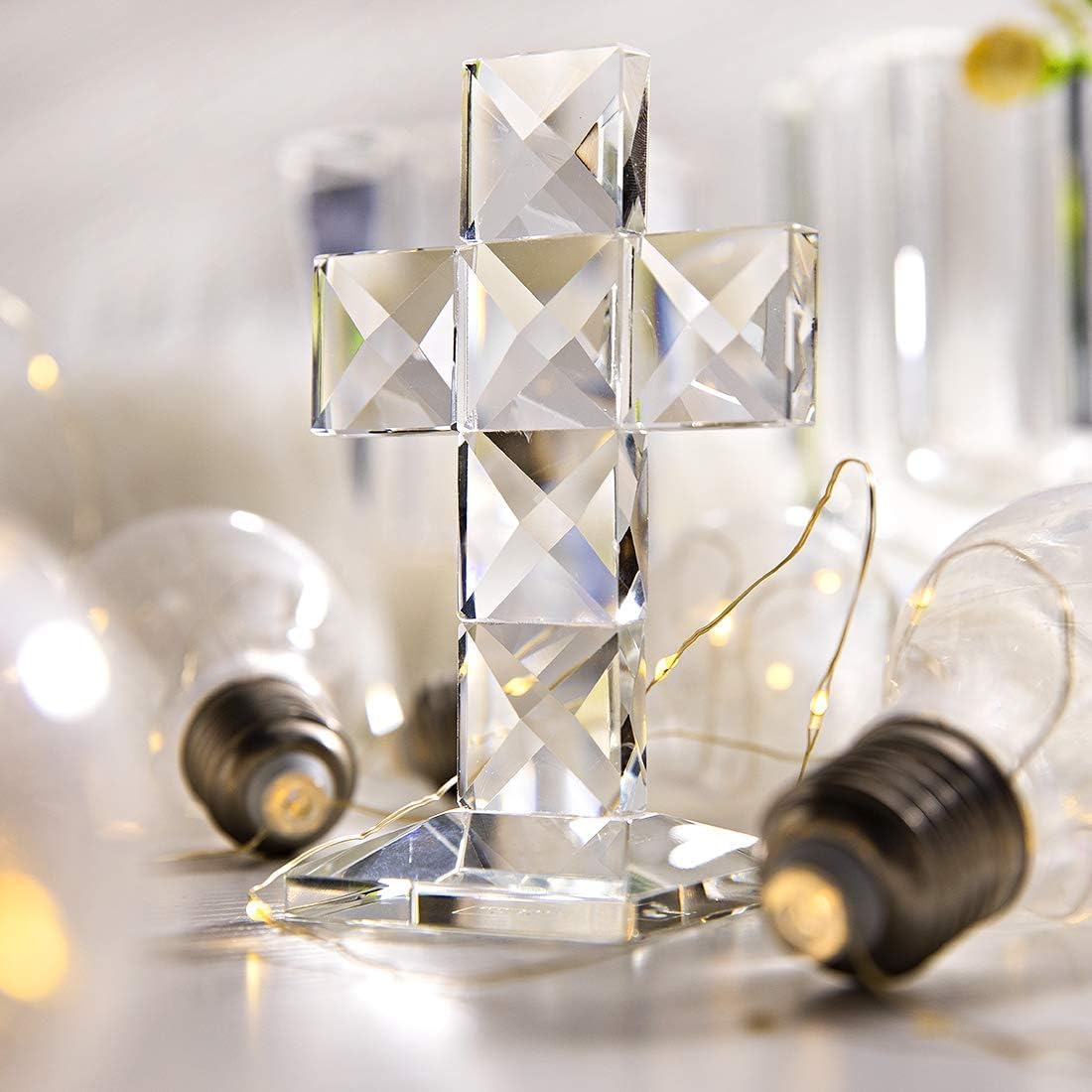 QFkris Crystal Standing Cross | Clear 5'' Tall Glass Figurine - Elegant Christian Tabletop Decor