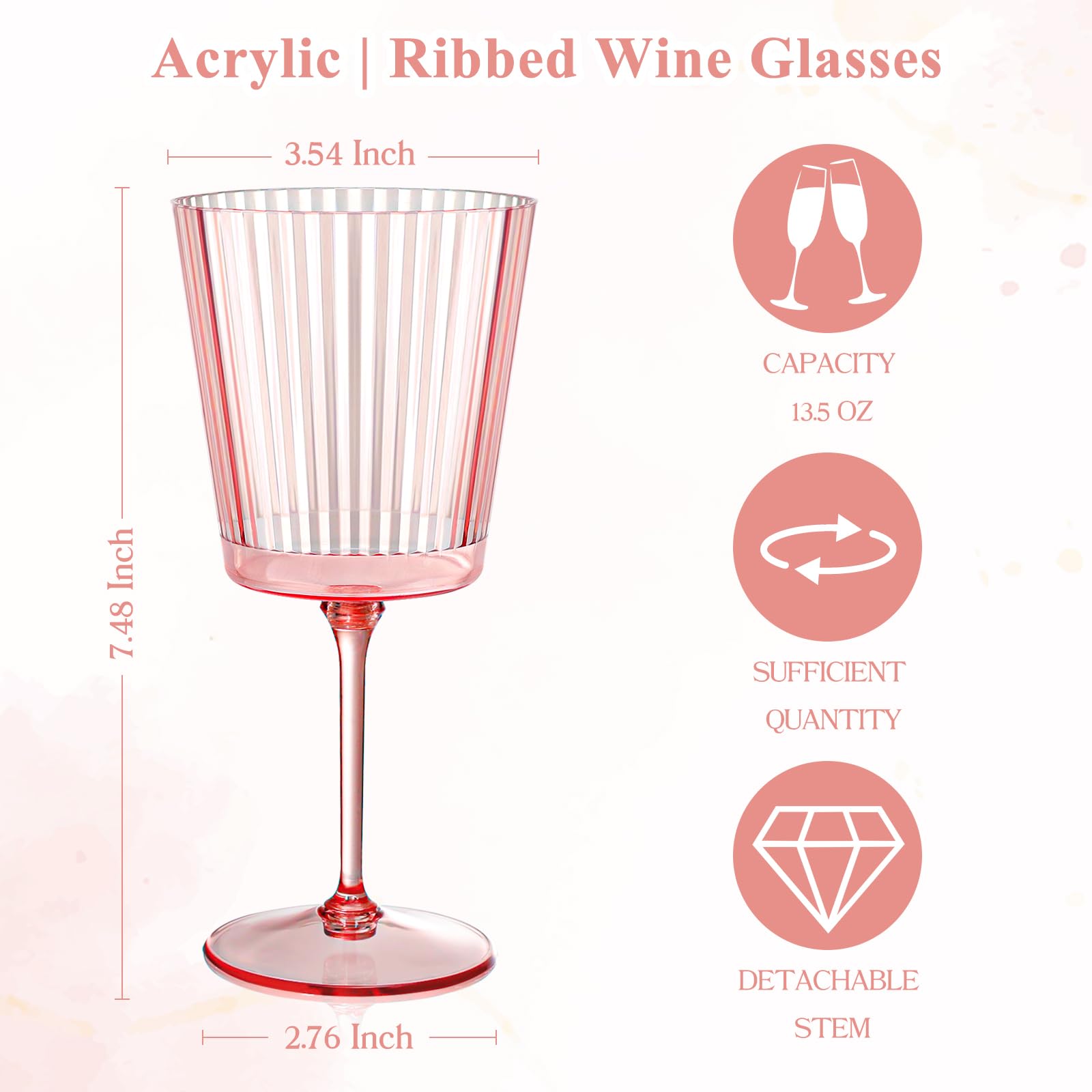 24 PCS Pink Plastic Wine Glasses with Removable Stems 13.5 OZ Ribbed Wine Glass Set Square White Wine Glasses Muted Pastel Colors Goblets Elegant Fluted Glassware for Wedding(Pink, 24 Pack)
