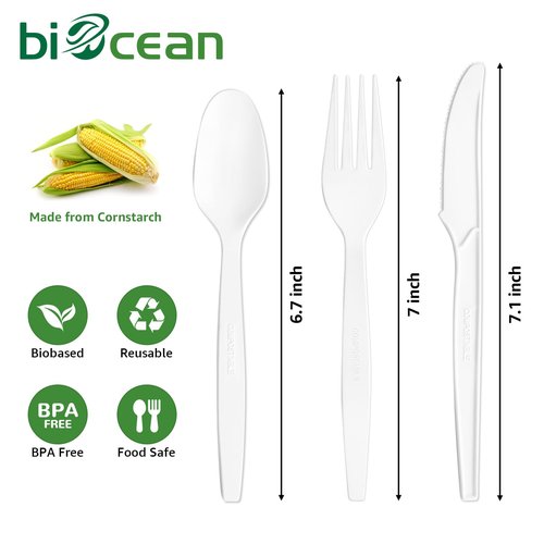 Biocean Extra Heavyduty Compostable Cutlery Set No Plastic Forks Spoons Knives Disposable Utensils Biodegradable Fork Eco Friendly Silverware Serving Flatware for Party,BBQ,Daily Use,Events,Picnic