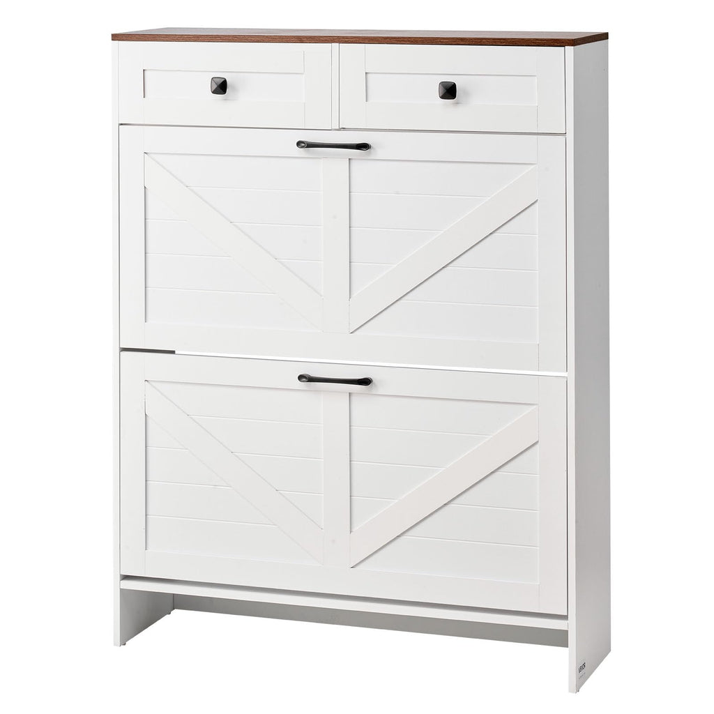VEVOR Shoe Cabinet with 2 Flip Drawers, Farmhouse Shoes Storage Cabinet with 2 Drawers and Anti-Tipping Device, Freestanding Shoe Organizer Ideal for Entryway, Hallway, Bedroom, Living Room, White