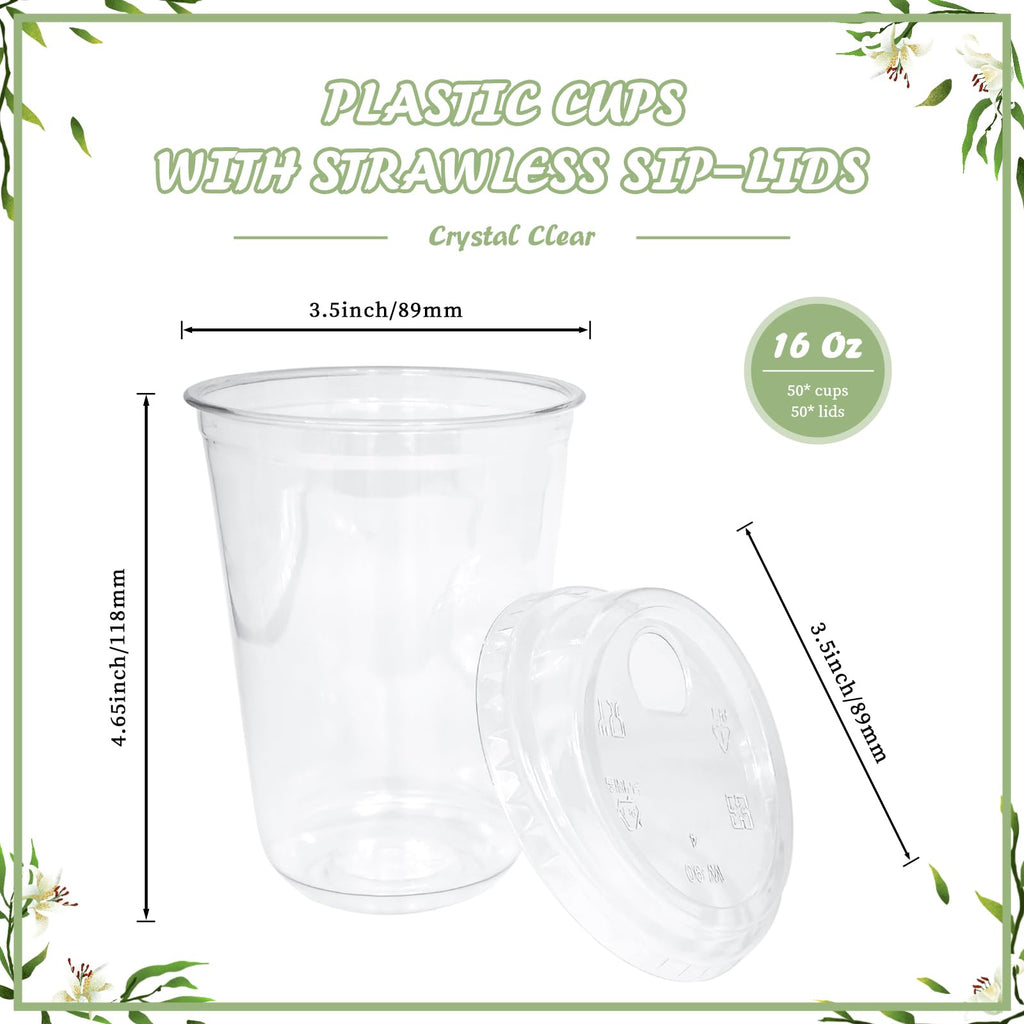 Thrseely 50 Sets Clear Plastic Coffee Cups with Sip Lids, Disposable PET Cups for Iced Coffee, Smoothie, Cold Beverage, Plastic Crystal for Shops and Party Catering (Clear, 16 oz)