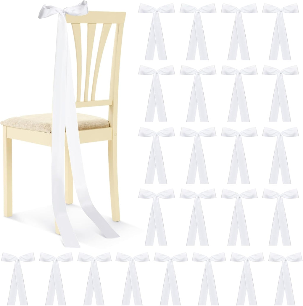 Rtteri 24 Pcs Satin Chair Bows - Elegant White Sashes for Weddings, Banquets & Events