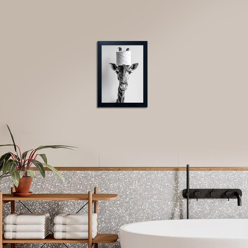 Giraffe Bathroom Wall Art - Funny Black and White Decor with Toilet Paper Roll | Framed Canvas Print