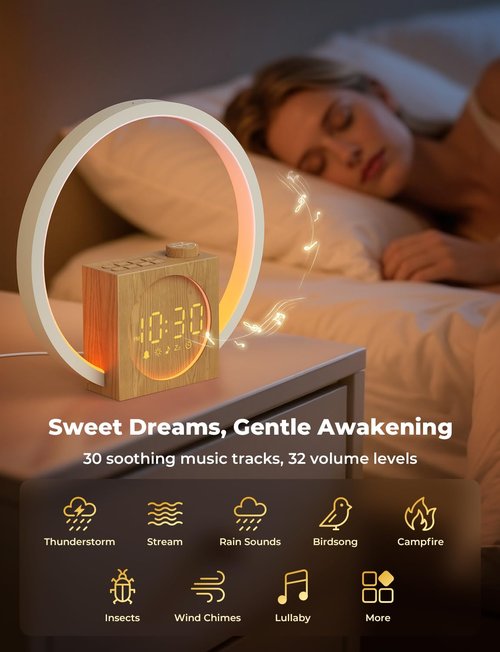 LIORQUE Sunrise Alarm Clock, Wake up Light with White Noise for Heavy Sleepers, Adjustable Sleep Timer, Volume&Brightness, Night Light with Dynamic Colors, 30 Sleep Sounds for Baby Kids Adults