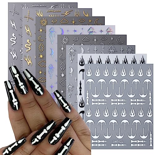 8 Sheets 3D Self-Adhesive Nail Art Stickers Holographic Moon Sun Decals
