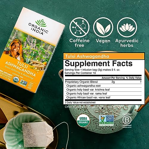 Organic India Calming Tulsi Ashwagandha Tea - 18 Infusion Bags, Stress Relief & Relaxation