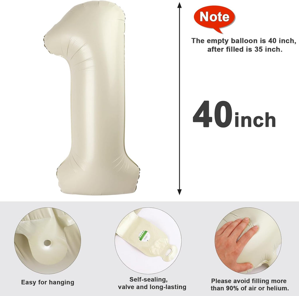 Number Balloons 1 - 40 Inch Cream White Balloon for 1st Birthday Party Decorations & Photo Shoots