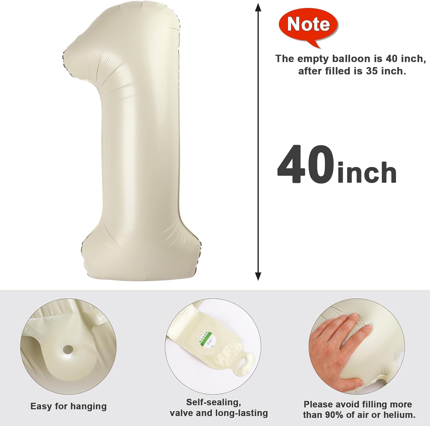 Number Balloons 1 - 40 Inch Cream White Balloon for 1st Birthday Party Decorations & Photo Shoots