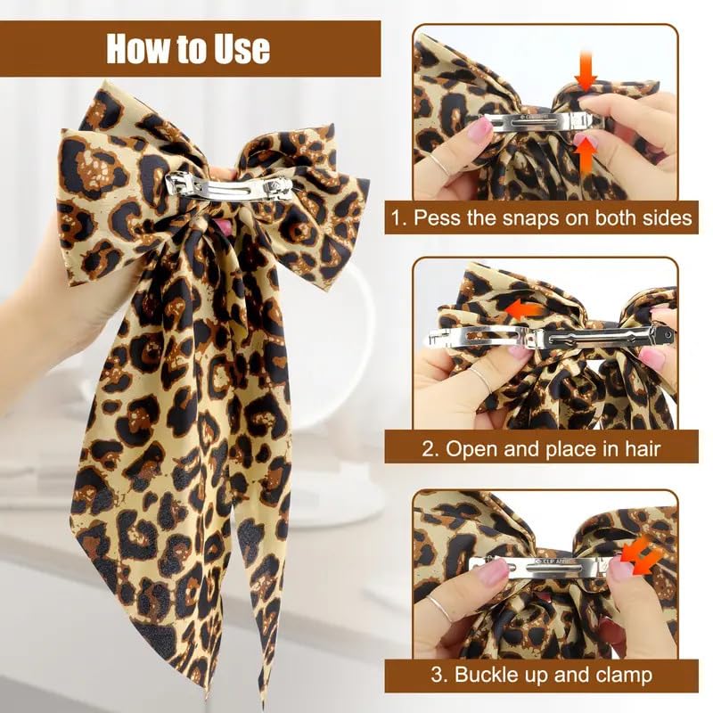 Yellow Leopard Print Satin Hair Bow Clip with Long Tail
