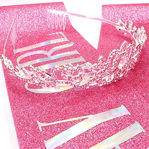 COCIDE Birthday Girl Pink Sash and Crystal Rhinestone Tiara Set