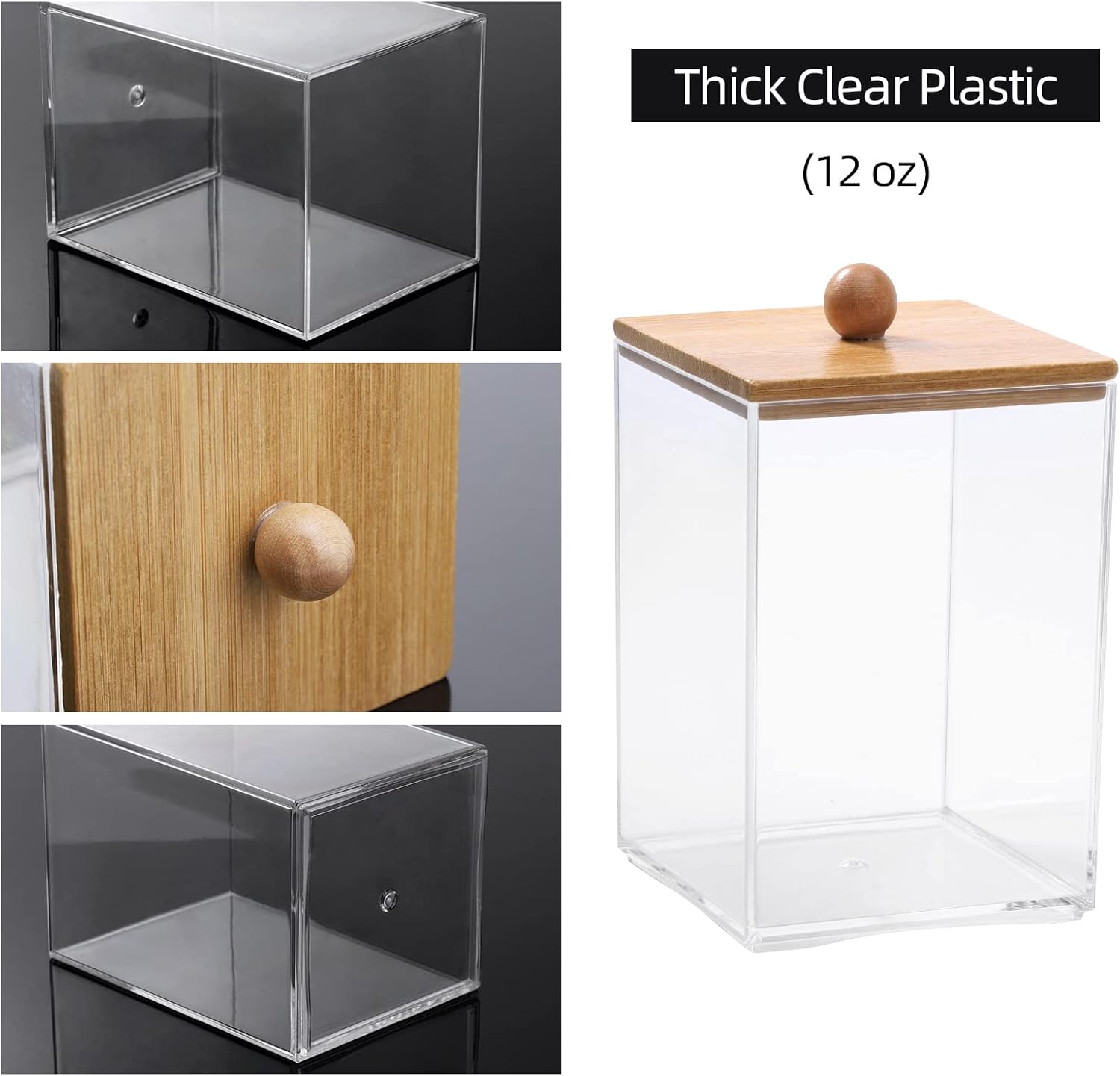 Tbestmax Square Qtip Holder Set - 12 oz Plastic Bathroom Organizers with Bamboo Lids for Cotton Balls & Swabs