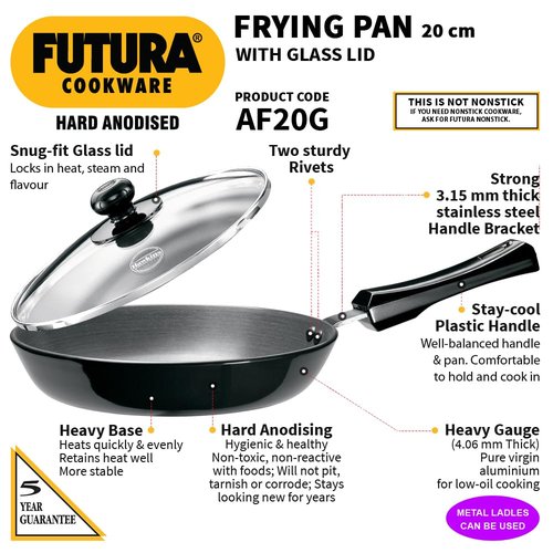 Hawkins Futura Hard Anodised Frying Pan With Glass Lid, 22cm Black