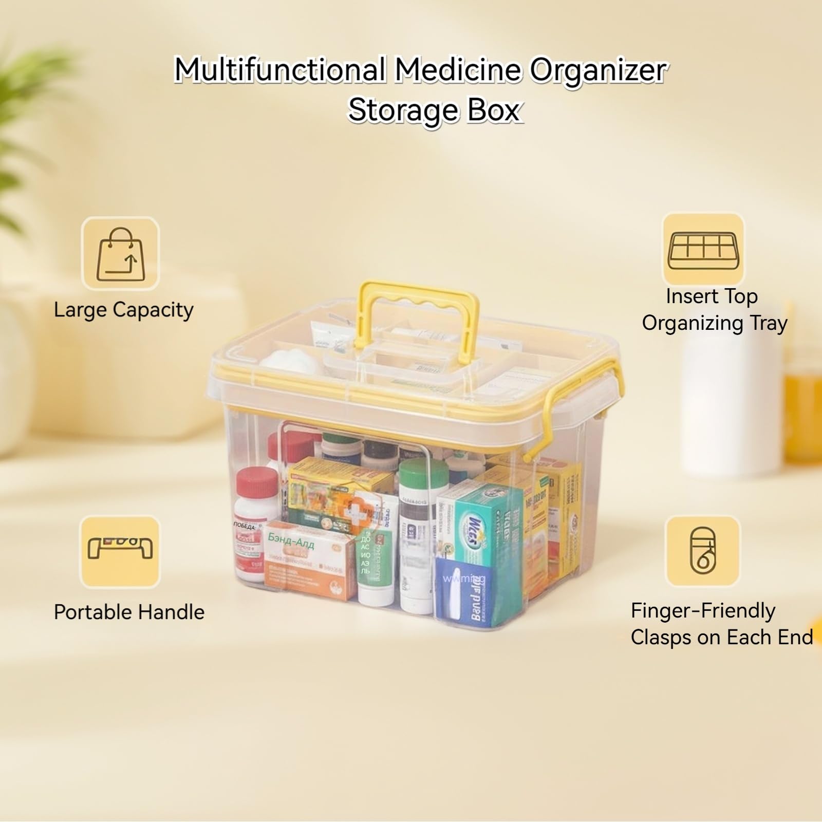 Pulseplay Clear Medicine Storage Box with Handle Portable Medicine Cabinet Organizer Multipurpose Plastic Storage Box with Removeable Tray for Home Office Travel Outdoor (Yellow)