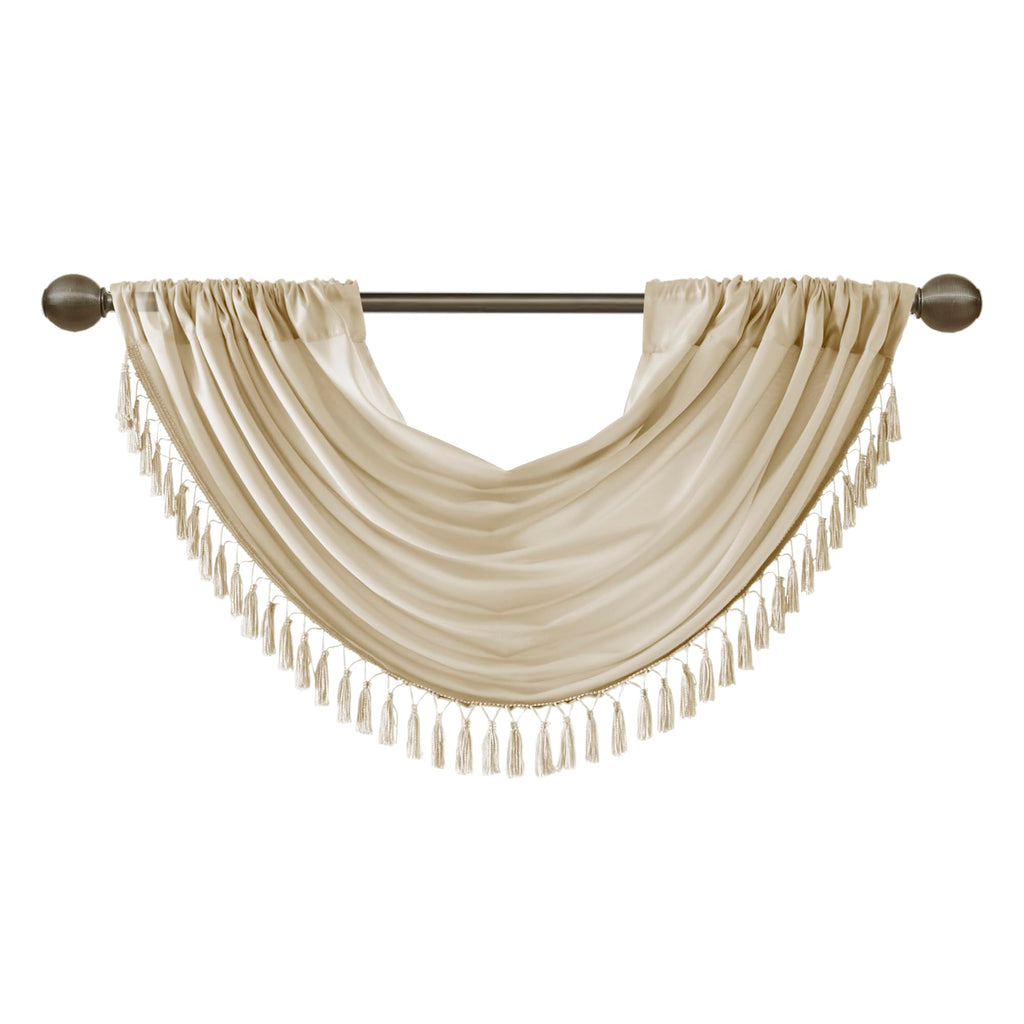 Madison Park Elena Waterfall Embellished Rod Pocket Valance , Faux Silk Valances for Window , 38X46" , Champagne