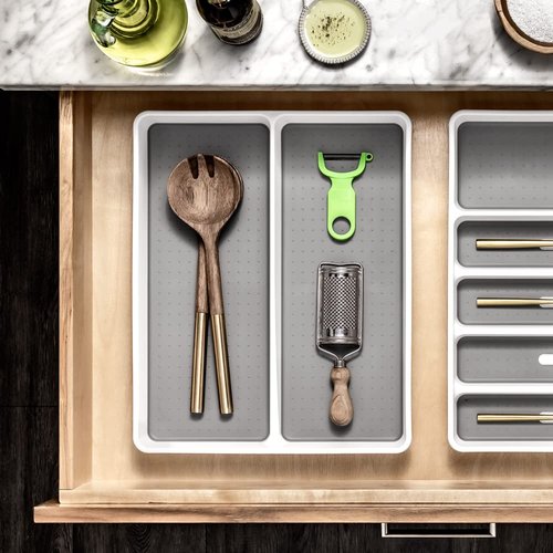 madesmart Premium 2 Compartment Utensil Tray, Deep Storage for Ladles, Whisks & Serving Tools, Non Slip Lining, for Drawers & Home Organization, White