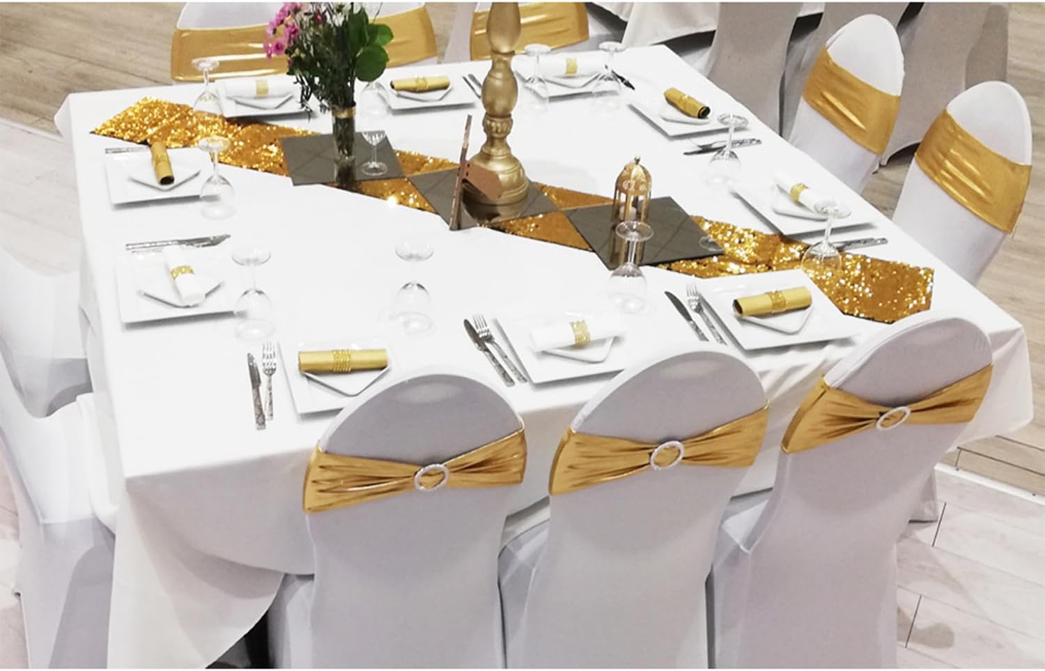Skiennix Spandex Gold Chair Sashes - Pack of 50 for Weddings, Parties & Events | Elegant Metal Bow Design
