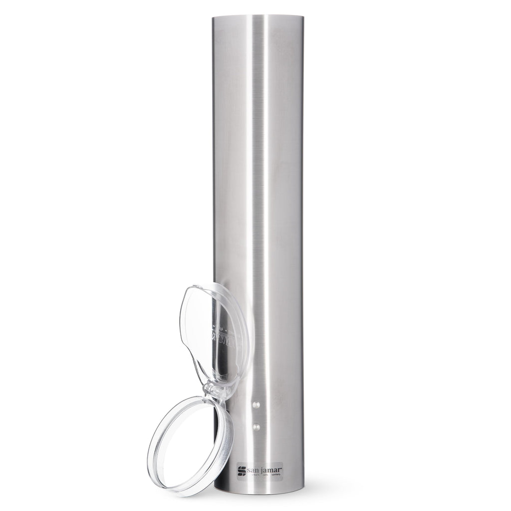 San Jamar Small Pull-Type Cup Dispenser Fits 3-4.5 Oz Cone Cups, 3-5 Oz Flat Cups with Flip Caps for Restaurants, Dining Halls, and Fast Food, Stainless Steel, 16 Inches, Silver
