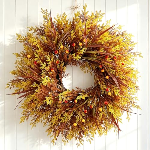28 Inch Fall Front Door Wreath with Cypress Leaves and Gold Accents - Variation of THIS listing