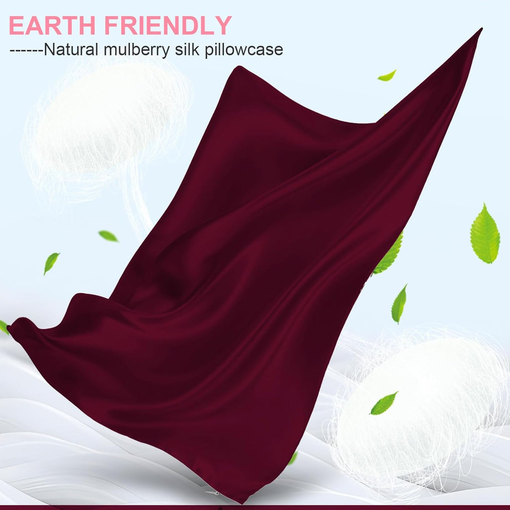 Skiennix Mulberry Silk Pillowcases - 2 Pack Queen Size, Hidden Zipper for Hair & Skin, Burgundy Red