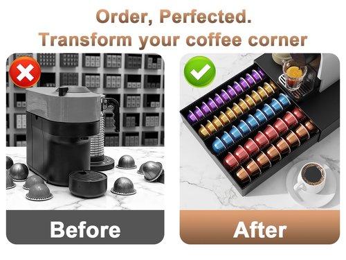 OUTIOE Coffee Pods Drawer Organizer Compatible with Nespresso Vertuo Pods Holds Up to 60 Small or 40 Large (Black)