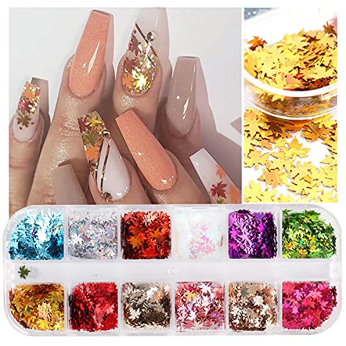 Fall Maple Leaf Nail Art Glitter Sequins 12-Color Set for Acrylic Nails