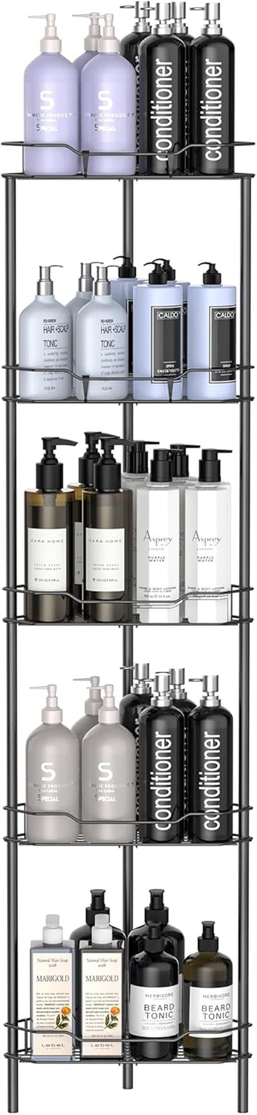 HuggieGems Corner Shower Caddy Organizer - 5 Tier Floor Standing Shelf with Hooks, Matte Black Finish