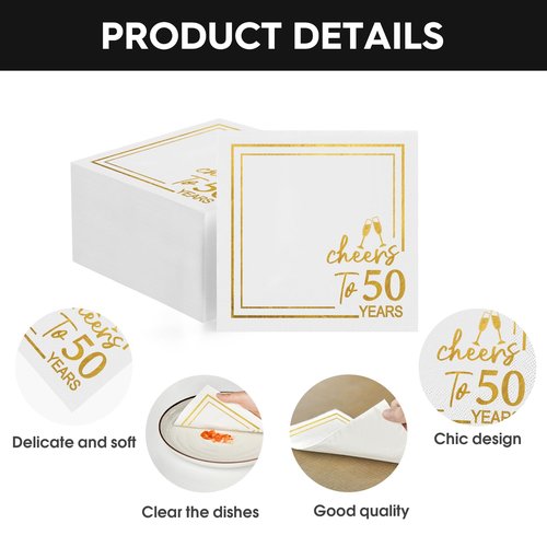 Horaldaily 50 Pack Cheers to 50 Years Cocktail Napkins, 5x5 Inches White and Gold Foil Birthday Decorations Paper Napkins for Party Anniversary Lunch Dinner