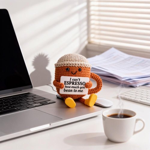 Birthday Gifts for Women,Cute Coffee Mug Desk Decor,Positive Espresso Emotional Crochet Handmade, Funny Happy Christmas Dolls for Women Men Girls Coffee Lover Gifts