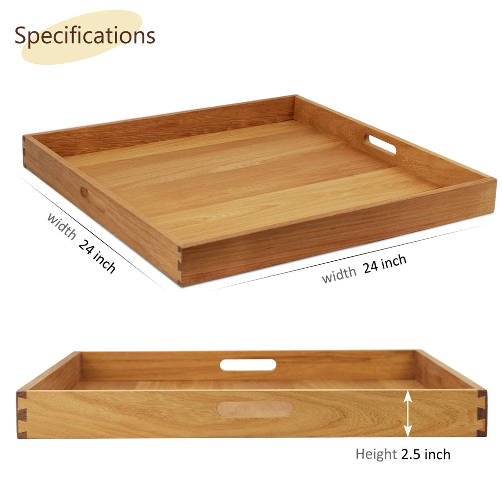 MAGIGO 24 x 24 Inches Large Square Teak Wood Ottoman Tray with Handles, Serve Tea, Coffee Classic Wooden Decorative Serving Tray