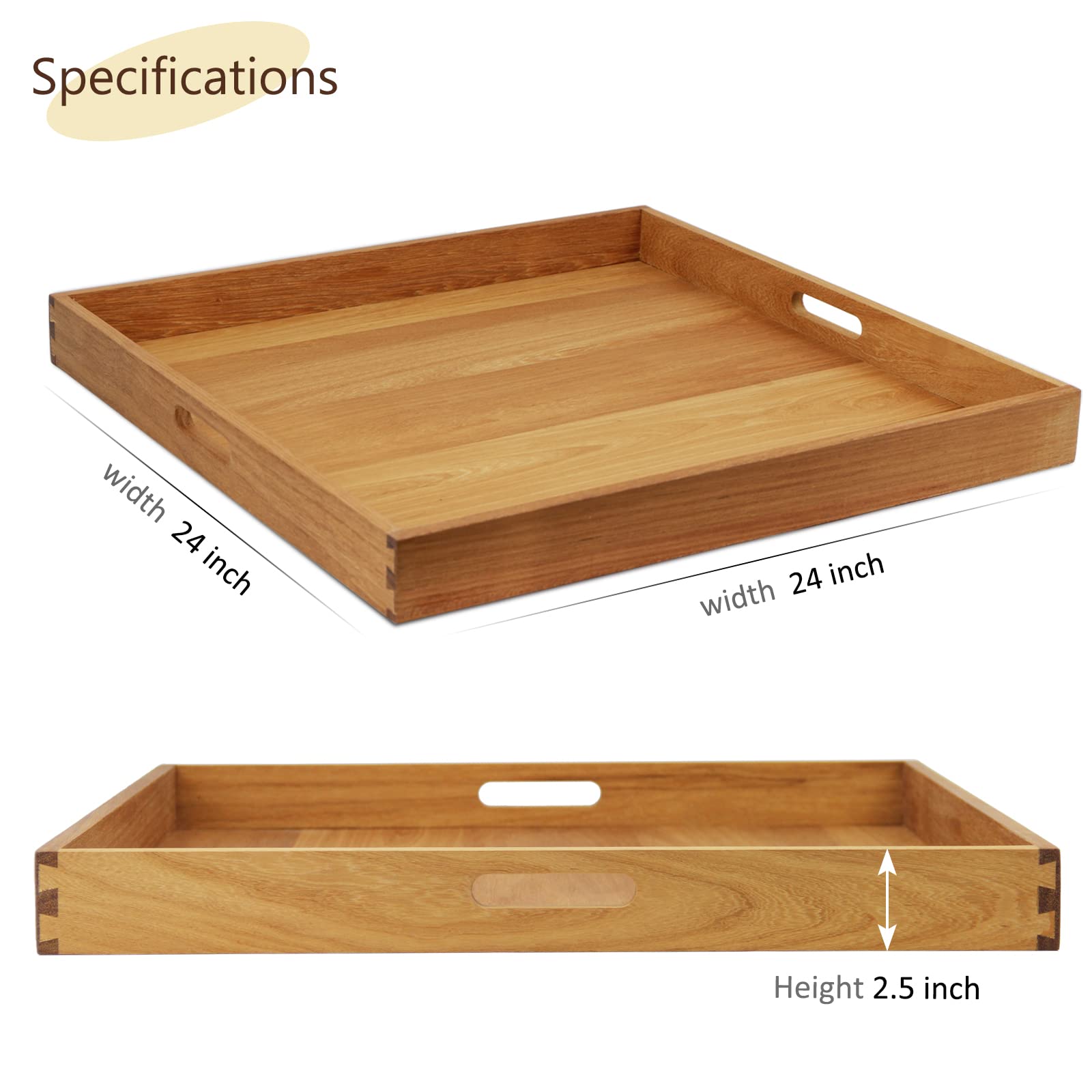 MAGIGO 24 x 24 Inches Large Square Teak Wood Ottoman Tray with Handles, Serve Tea, Coffee Classic Wooden Decorative Serving Tray