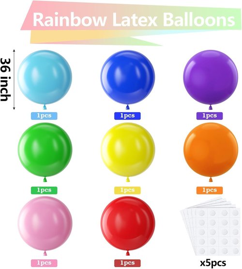 Bezente 36-Inch Giant Rainbow Balloons - 8 Pack Jumbo Multicolor Latex for Parties & Celebrations