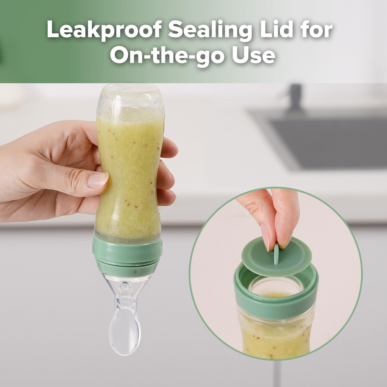Haakaa Silicone Baby Food Dispensing Spoon Feeder 4oz - Infant Squeeze Cereal Feeder, Baby Fresh Food Feeder, Feed Bottle for Puree, Solid Baby Food, BPA Free, 4m+ Babies – Pea Green