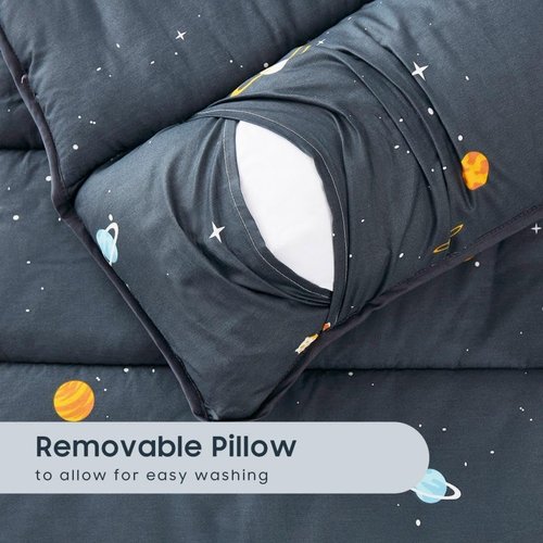 Wake In Cloud - Toddler Nap Mat with Pillow and Blanket, 100% Cotton Fabric, for Kids Boys Ages 3 Plus in Daycare Kindergarten Preschool, Roll Up Sleeping Bag, Galaxy Spaces, Gray, Extra Long