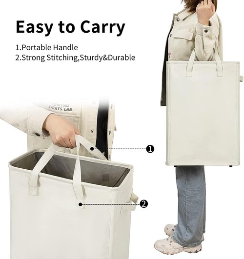 ZERO JET LAG Slim Laundry Hamper With Handles Collapsible Laundry Basket Thin Dirty Clothes Basket Narrow Laundry Bag Foldable Dirty Clothes Hamper 45L (23 inches,Beige)