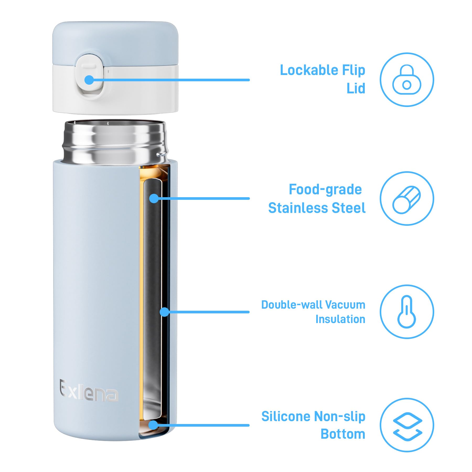 Exllena Small Insulated Water Bottle with Push-Button Lid – 7.5oz/220ml Mini Flask, Leakproof Mini Water Bottle for Coffee, Milk, Travel, School & Office Use(Blue & White)