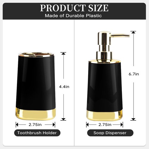 Bathroom Accessories Set, 2Piece Black and Gold Bathroom Accessories Include Soap Dispenser and Toothbrush Holder for Modern Bathroom Decor