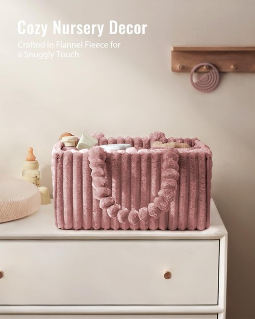 Blissful Diary Flannel Diaper Caddy Organizer - Cozy Plush Pink Nursery Storage Basket | Perfect Baby Shower Gift