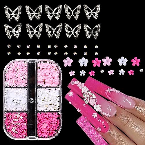 3D Nail Art Charms Kit with Acrylic Flowers, Metal Butterflies and Gems