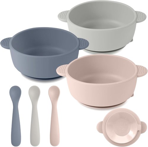 Eascrozn Silicone Baby Feeding Set - 3 Suction Bowls & 3 Spoons | BPA-Free, Dishwasher Safe