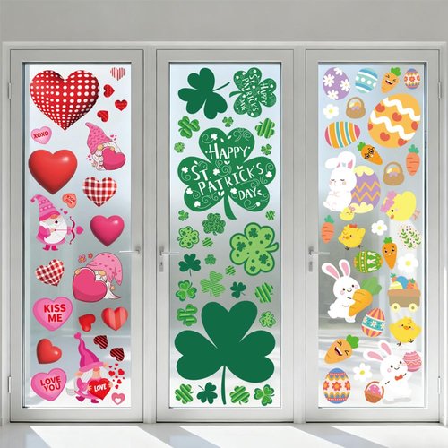 Valentines Day Window Clings for Valentines Decorations, Reusable Static Shamrock Window Clings for St Patricks Day Decorations, Easter Decor for Home, Bathroom and Office