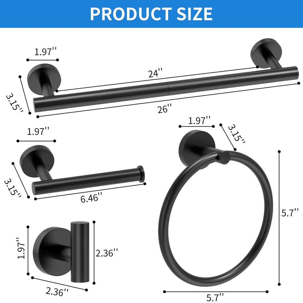 Matte Black Bathroom Accessories, Bathroom Hardware Set, SUS304 Stainless Steel Bathroom Towel Bar Set with 24 Inch Towel Holder, 2 Towel Hooks, Toilet Paper Holder, Towel Ring