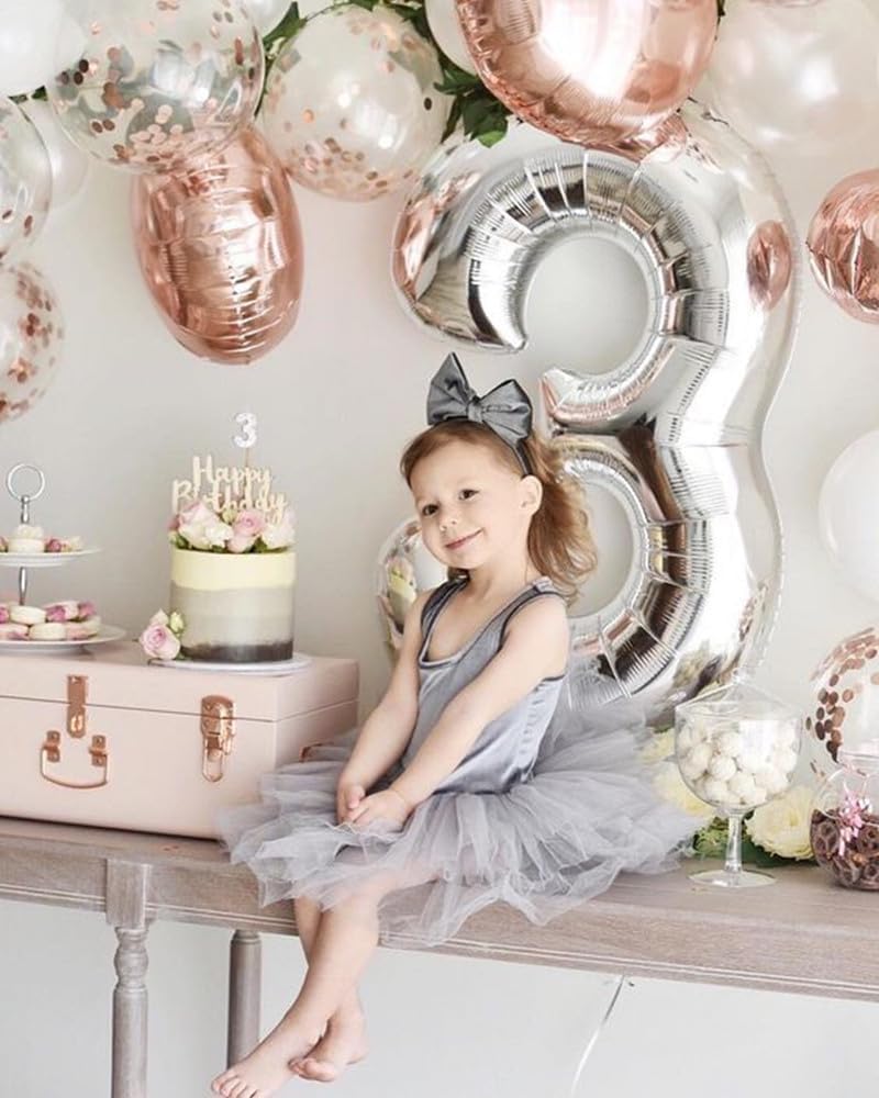 Numbers Balloon - 40 Inch Large Silver 3 Balloon for Birthday Party Decor | Perfect for Three-Year-Old Celebrations